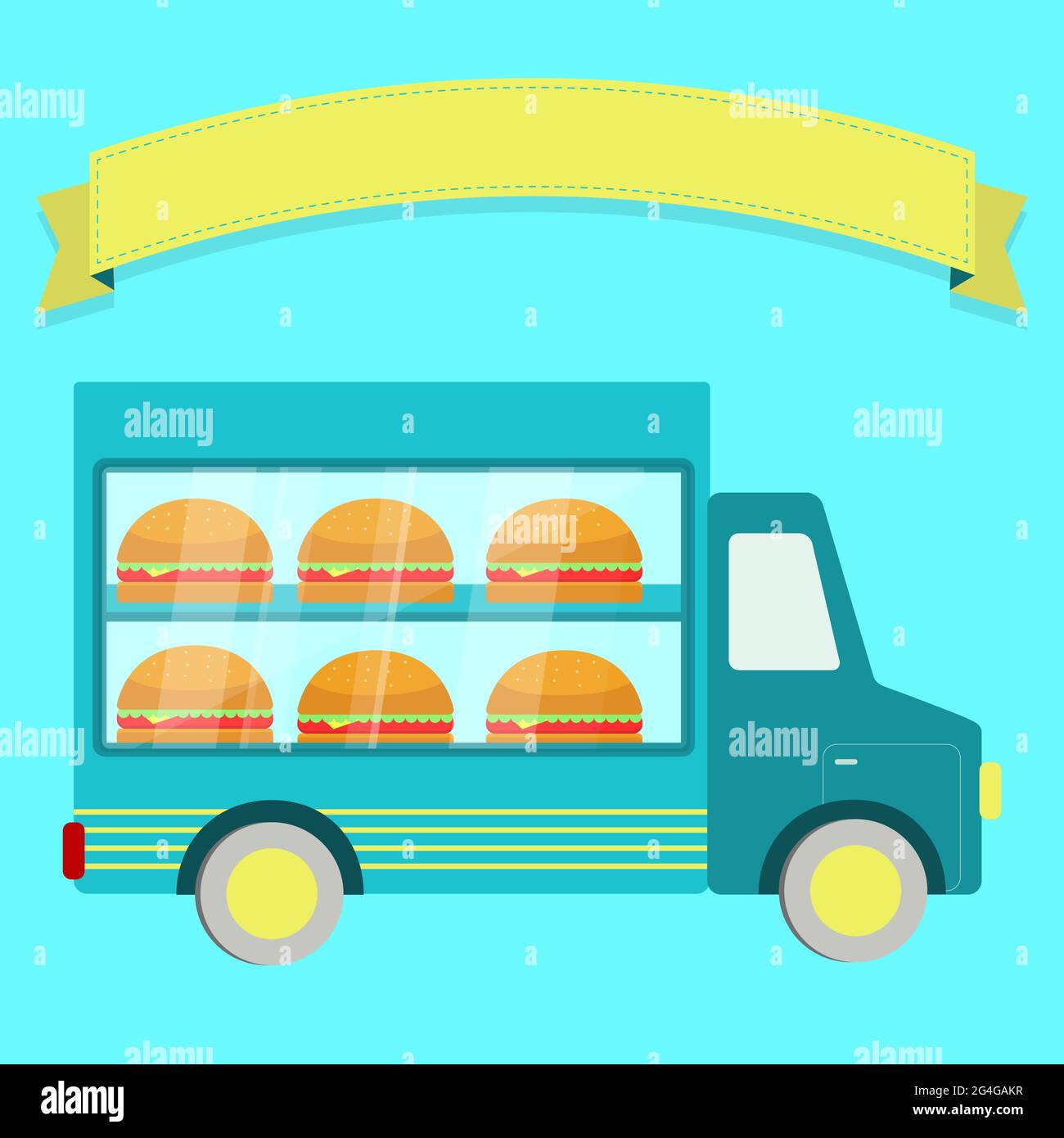 Vector illustration of truck with sandwiches behind a window. Empty ribbon for insert text. Stock Vector