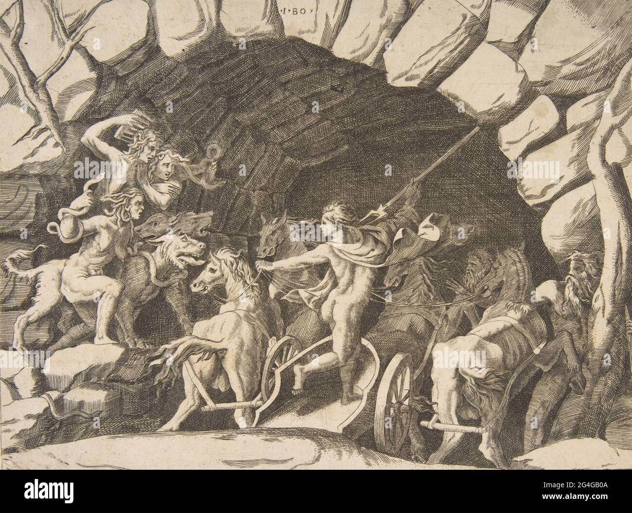 Pluto riding a chariot descending into Hell, from the 'Division of the Universe', 1531-76. Stock Photo