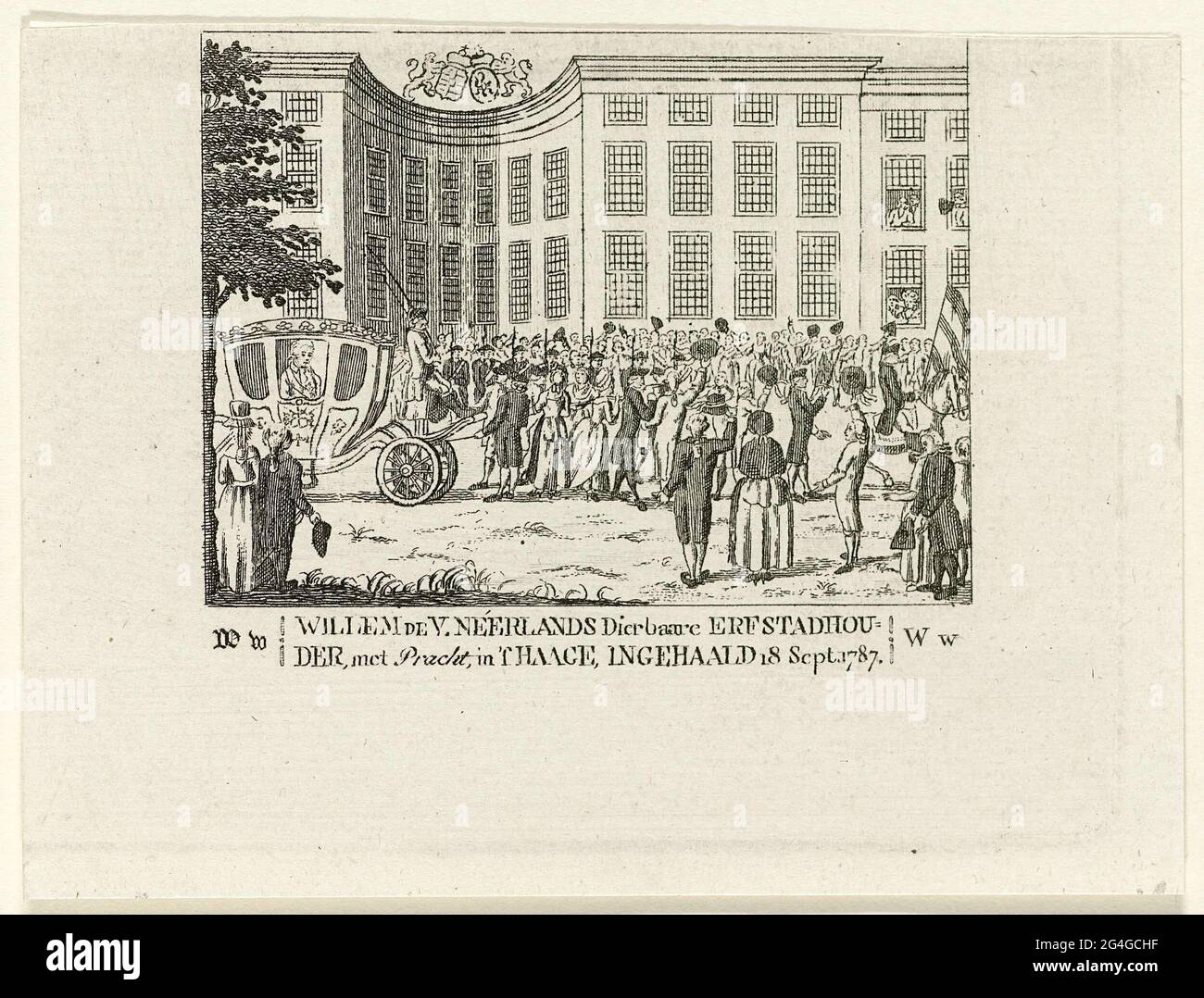 . Releasing the Prince of Orange by the Burgerij van den Haag on September 20, 1787. Plate associated with the letter W from an ABC book. Stock Photo