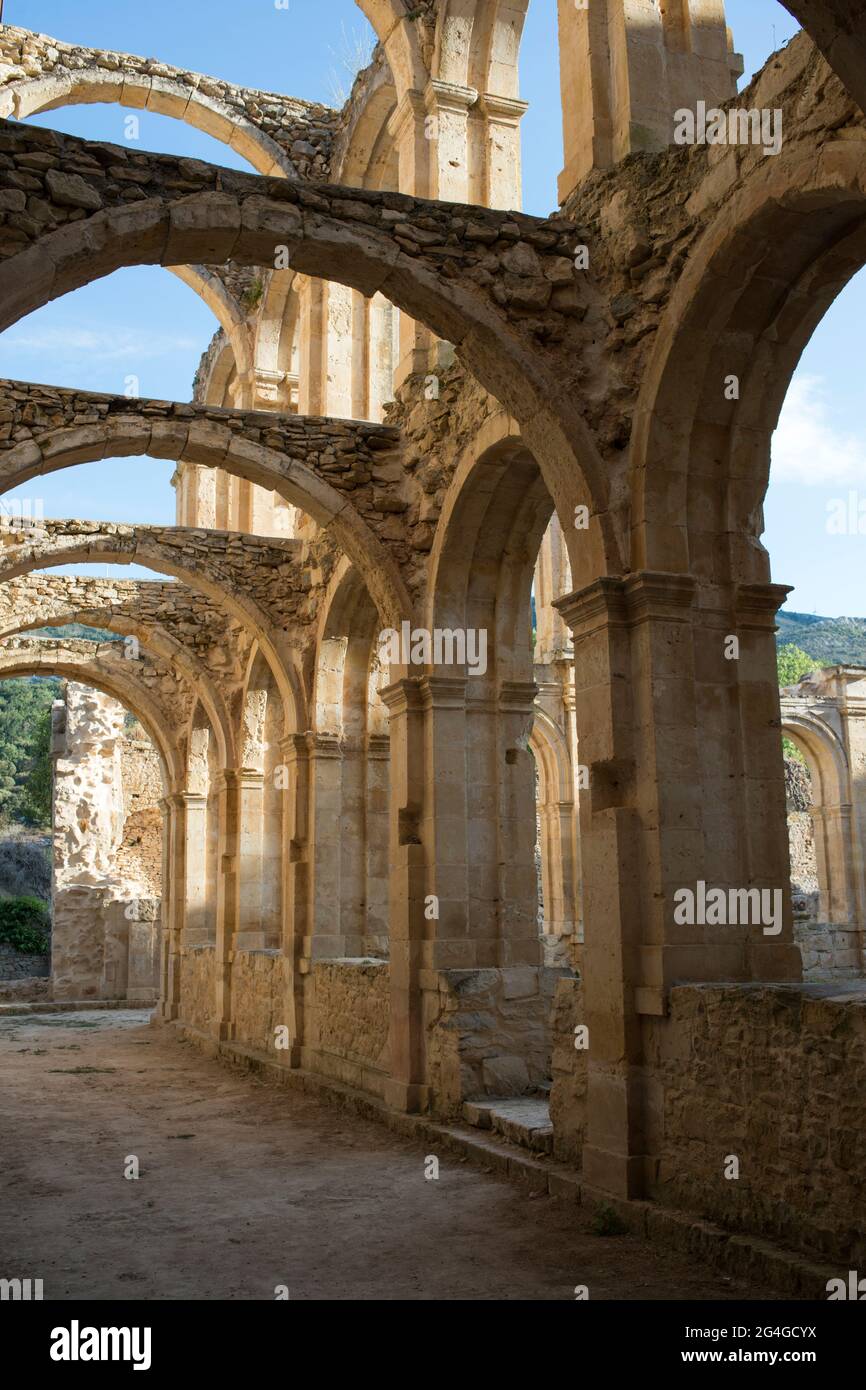 Romantic ruins of Monastery of Santa Maria de Rioseco at sunset. Burgos, Merindades, Spain, Europe Stock Photo