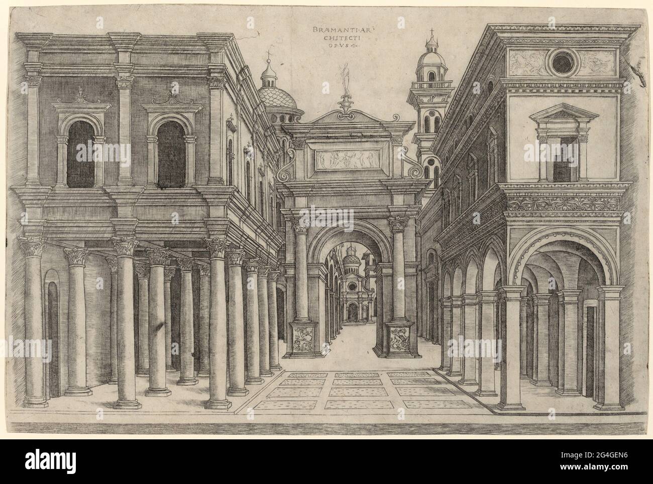 A Street with Various Buildings, Colonnades and an Arch, c. 1500/1510. Attributed to Zoan Andrea. Stock Photo