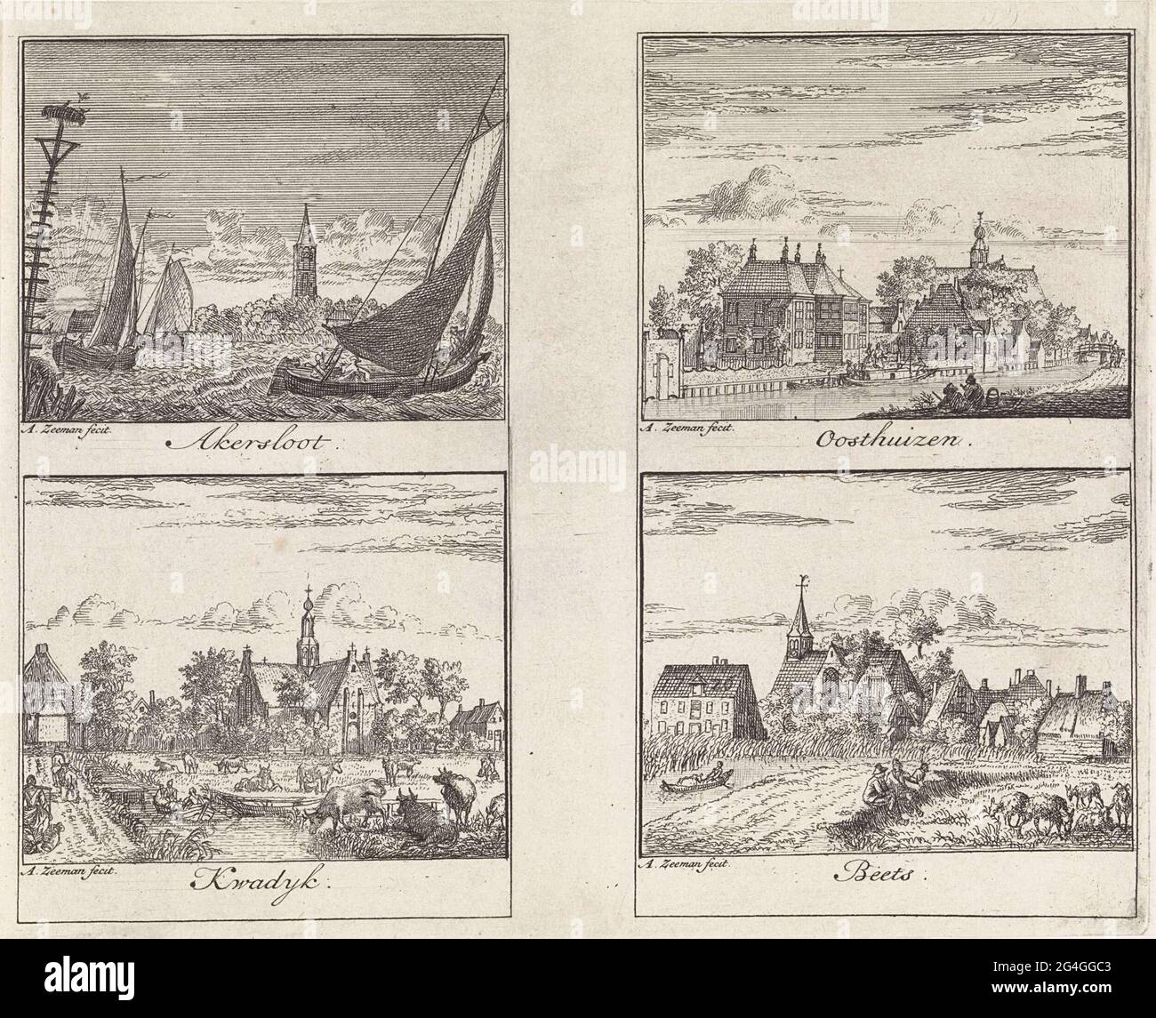 . Four performances on a leaf. Top left: View of the village of Akersloot with sailing ships on the Alkmaardermeer in the foreground. Bottom left: View of the village of Kwadijk. At the top right: View of the village of Oosthuizen. Bottom right: View of the village of Beets. Stock Photo