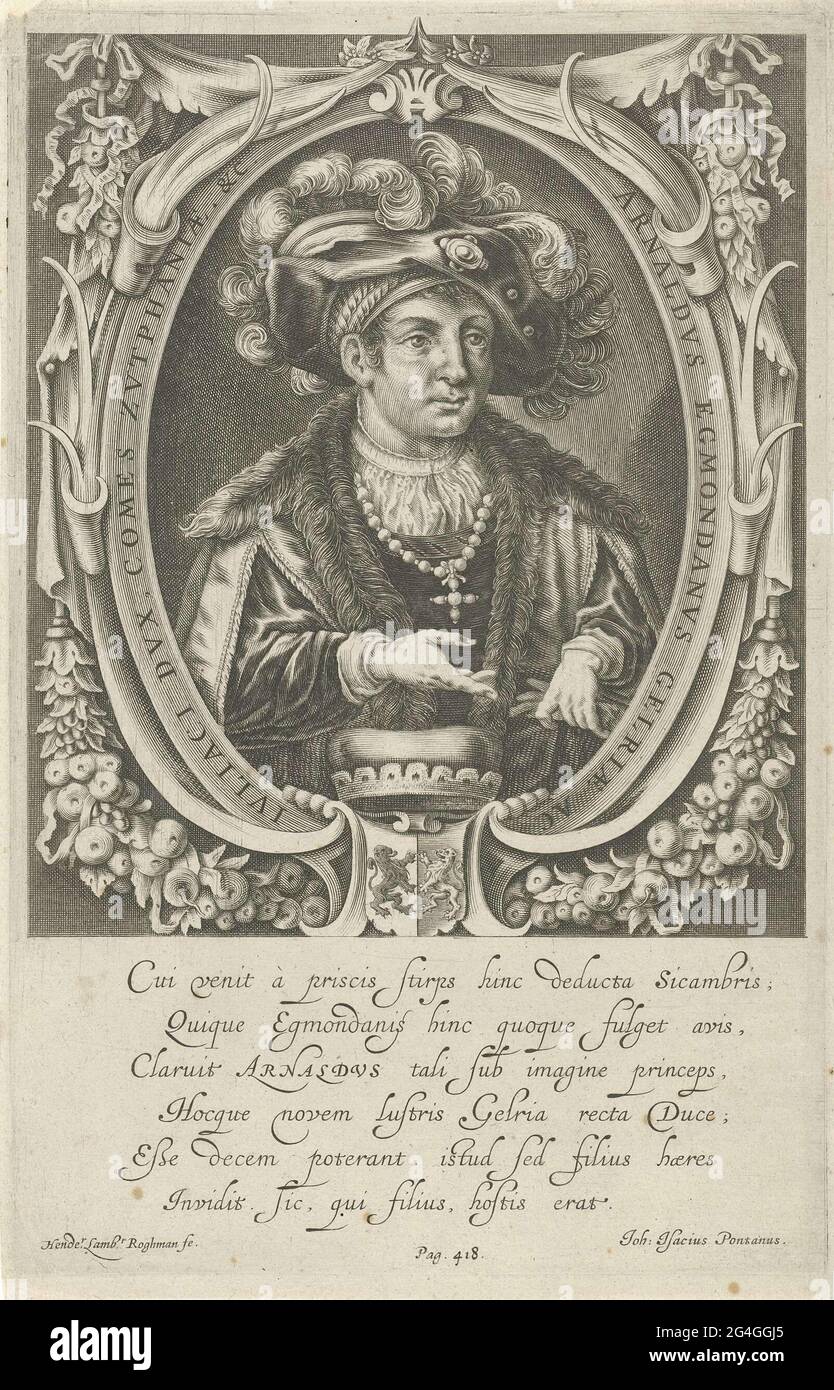 . Portrait of hornout from Egmond, Duke of Gelre and Count of Zutphen. The portrait is caught in a cartouche decorated with fruits, with the arms of Gelderland at the bottom. A verse in Latin in the margin. Stock Photo