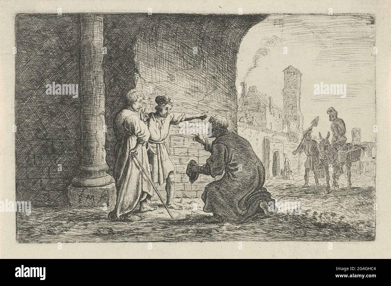 . Lot welcomes the two angels in the gate of Sodom by kneeling and ...