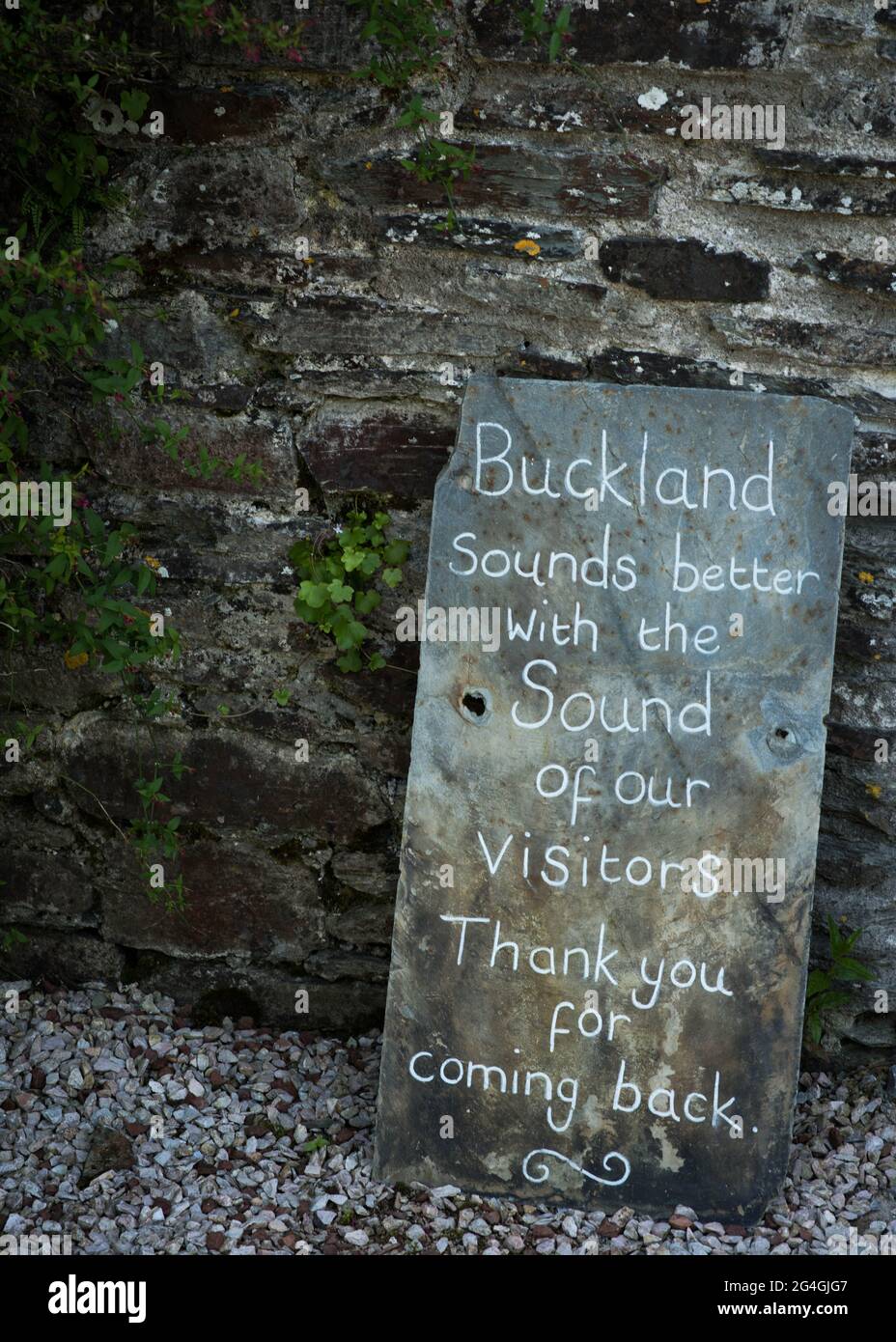 Handwritten Welcome back sign at Buckland Abbey near Plymouth in Devon - June 2021 Stock Photo