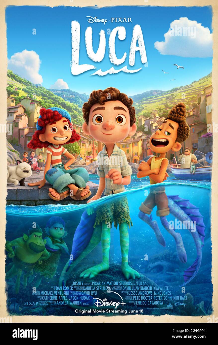 Luca (2021) directed by Enrico Casarosa and starring Jacob Tremblay, Jack Dylan Grazer and Emma Berman. On the Italian Riviera, an unlikely but strong friendship grows between a human being and a sea monster disguised as a human. Stock Photo