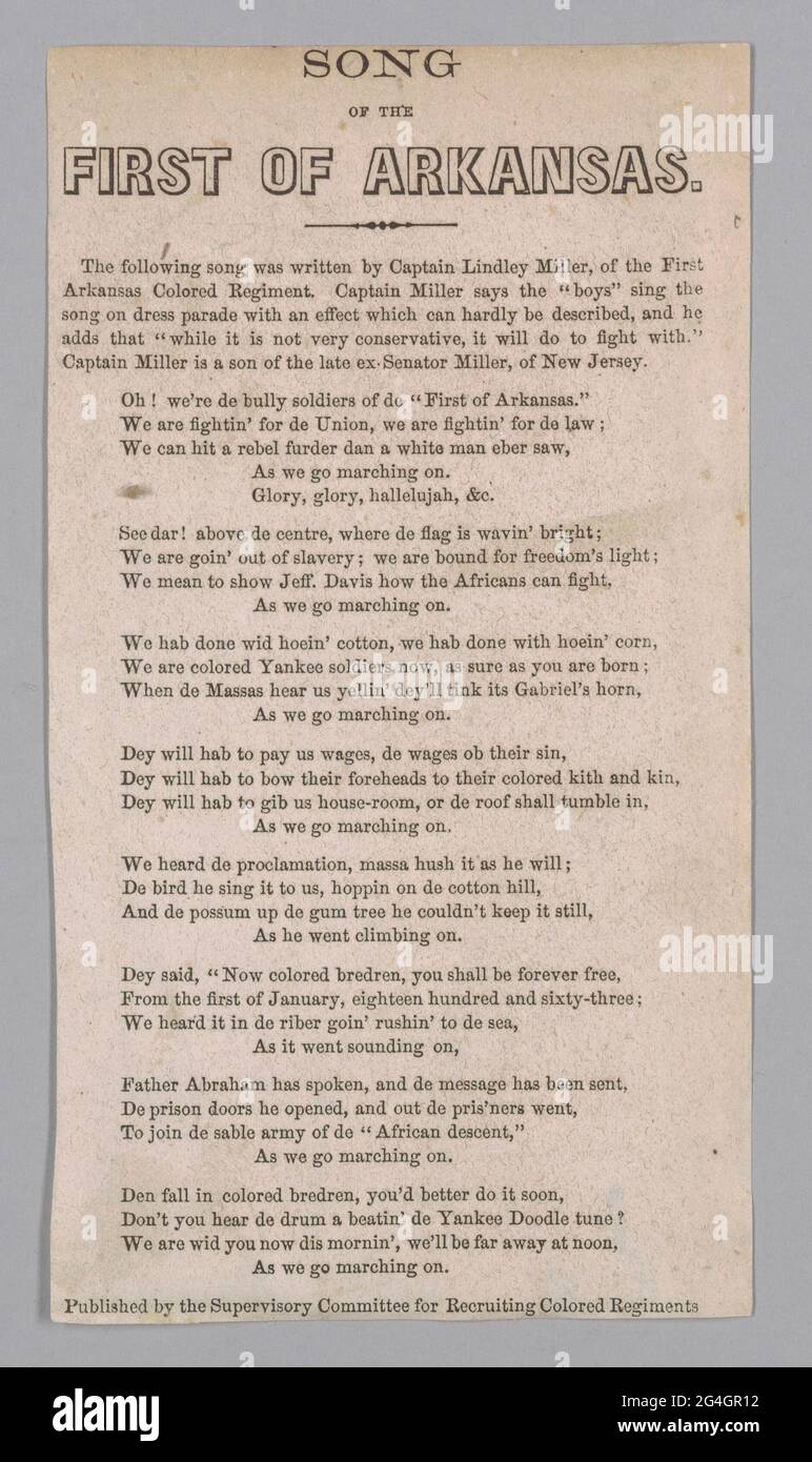 The 'Marching Song of the First Arkansas Colored Regiment' was an American Civil War-era song with lyrics attributed to the regiment's white officer, Captain Lindley Miller. In the song, black soldiers fighting in the Union army brag that they will beat the Confederates, leaving behind &quot;hoeing cotton&quot; and &quot;hoeing corn.&quot; The song is set to the tune of the Methodist hymn &quot;Say, Brothers, Will You Meet Us.&quot; The lyrics were printed by the Supervisory Committee for Recruiting Colored Regiments. Stock Photo