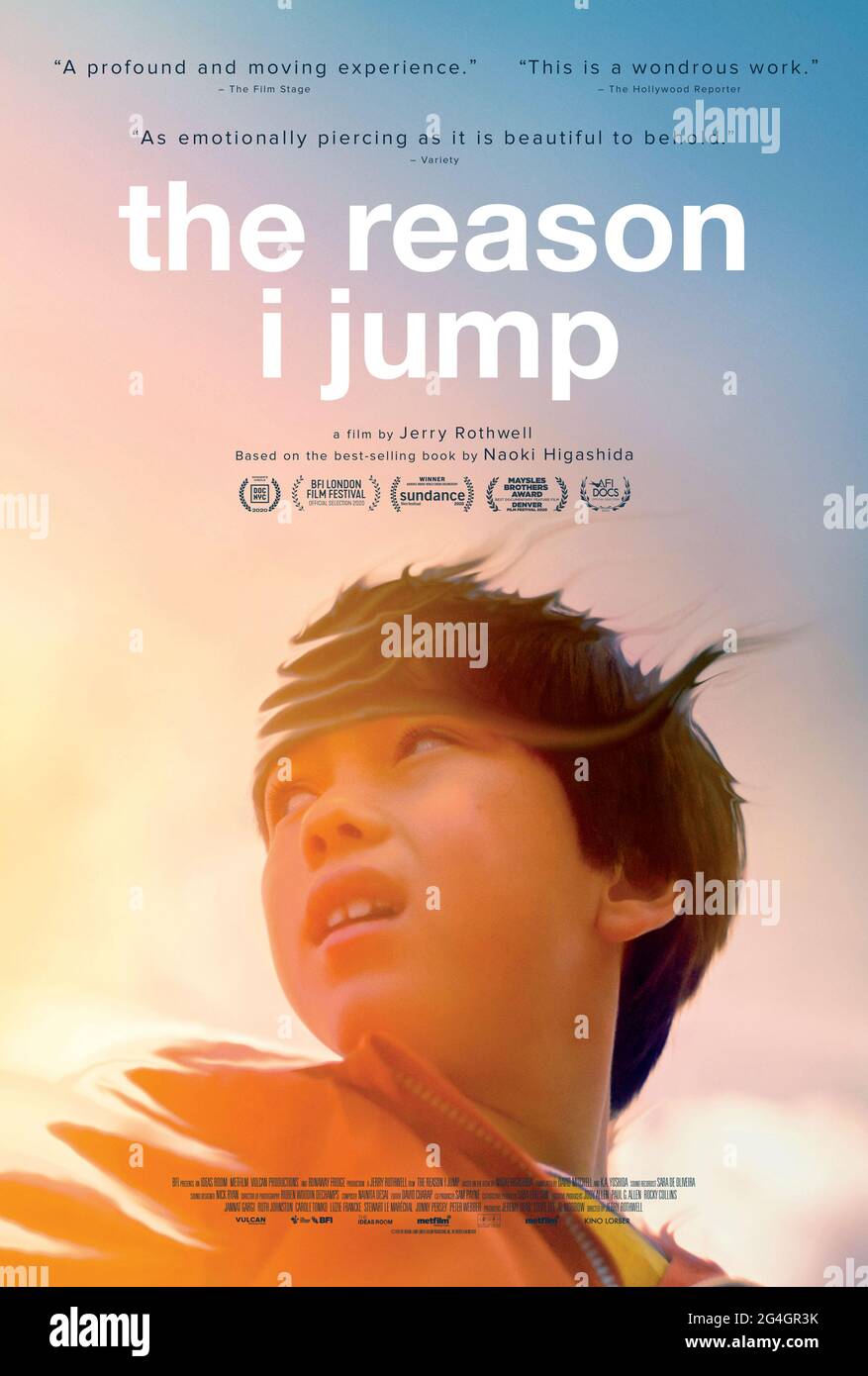 The Reason I Jump (2020) directed by Jerry Rothwell and starring Jim Fujiwara, David Mitchell and Jordan O'Donegan. Documentary about non-speaking autistic people around the world. Stock Photo
