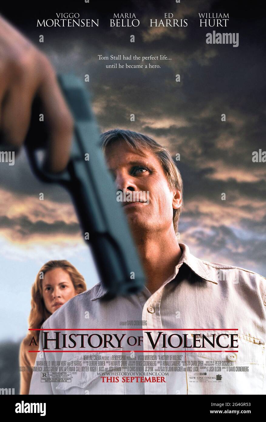A History of Violence (2005) directed by David Cronenberg and starring Viggo Mortensen, Maria Bello and Ed Harris. Adaptation of John Wagner and Vince Locke's graphic novel about a family man who becomes a local hero and attracts unwanted attention. Stock Photo