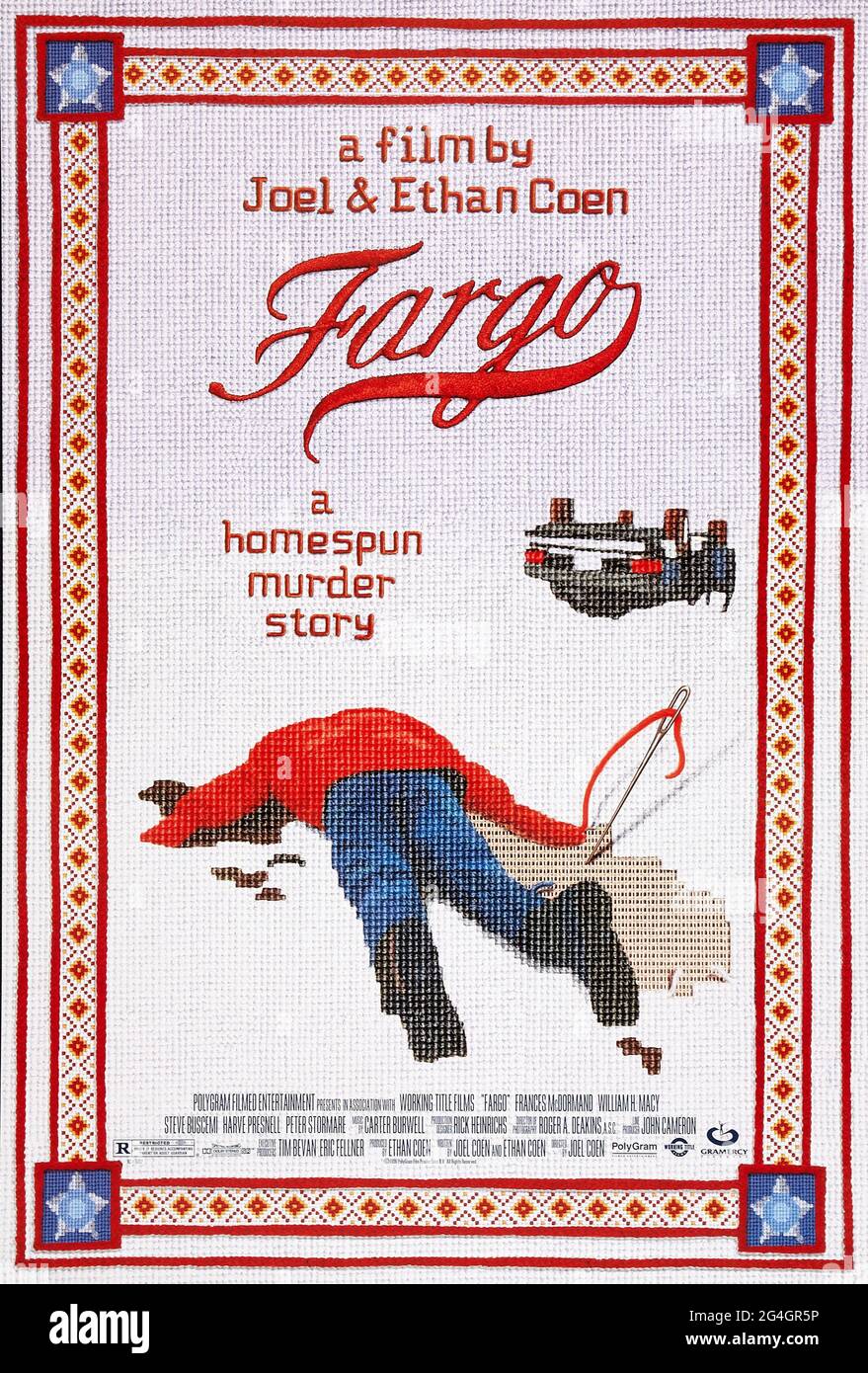 Fargo (1996) directed by Joel Coen and Ethan Coen and starring William H. Macy, Frances McDormand and Steve Buscemi. Coen brothers original black comedy about a bungled crime results in bloody violence and police interest. Stock Photo