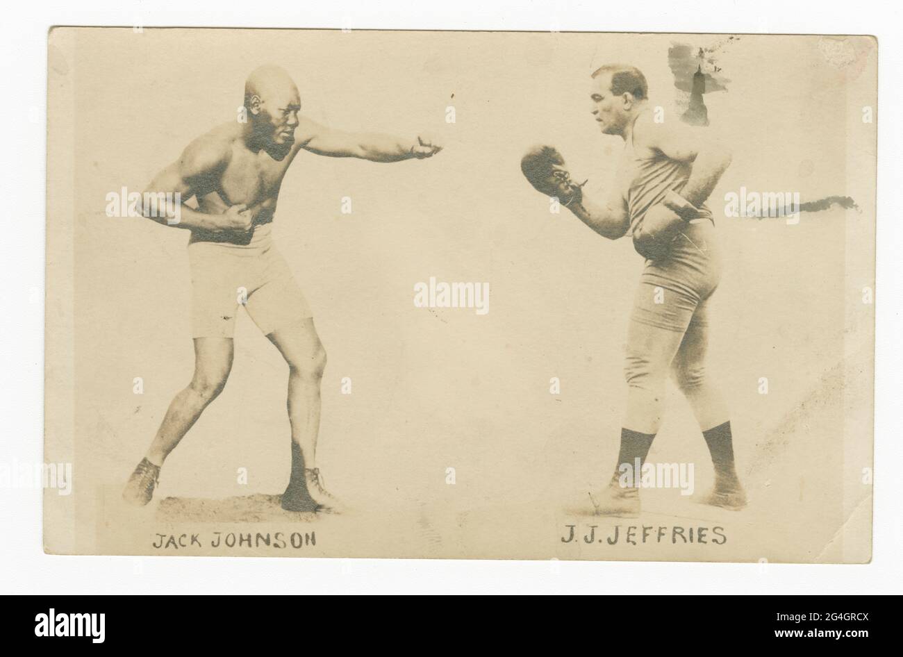 &quot;Fight of the Century&quot; between Jack Johnson and James J. Jeffries in Reno, Nevada. The boxers are pictured separately but each other. Each man's name is written below his feet. Jeffries