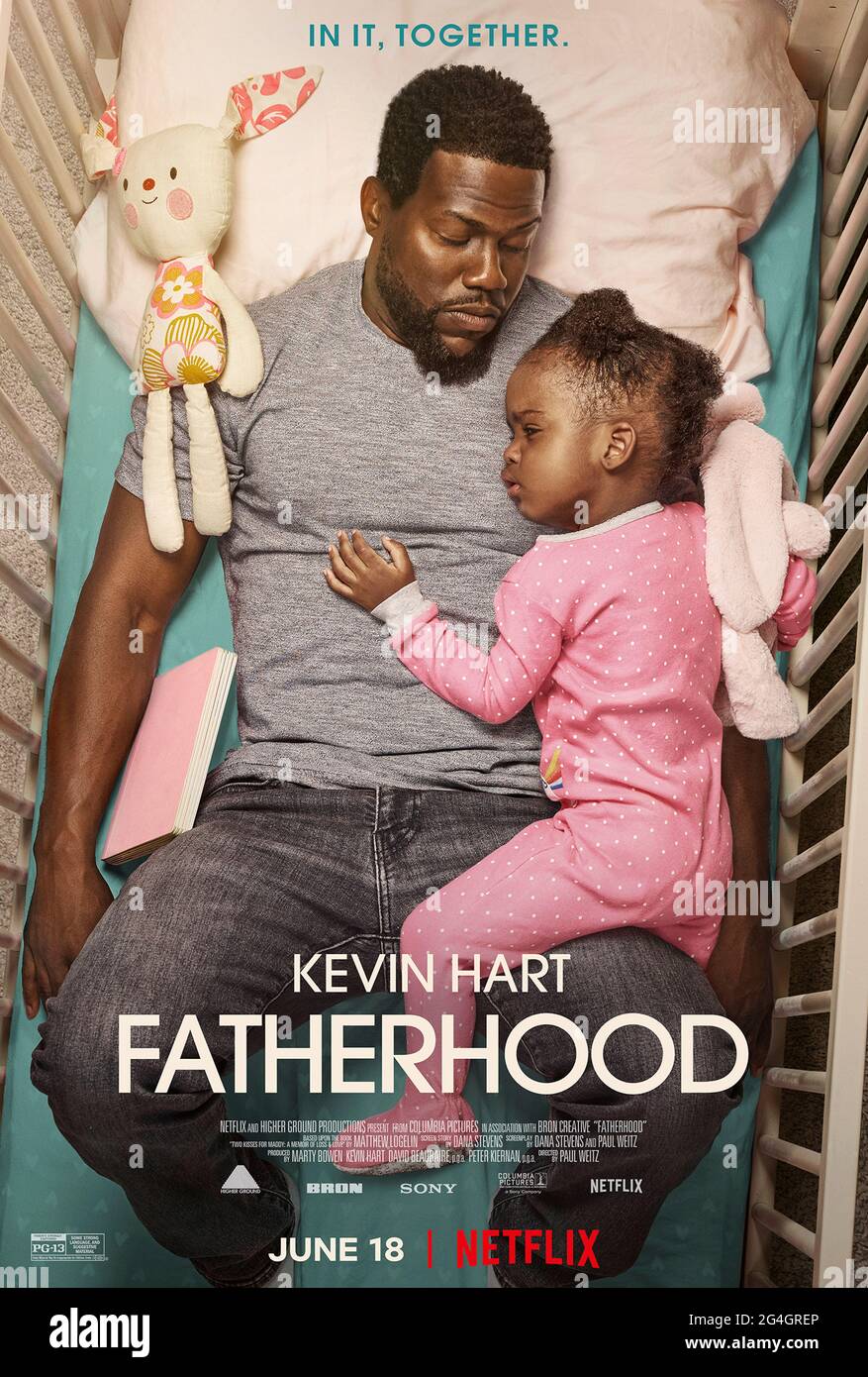 Fatherhood (2021) directed by Paul Weitz and starring Kevin Hart, Alfre Woodard and Lil Rel Howery. A father brings up his baby girl as a single dad after the unexpected death of his wife who died a day after their daughter's birth. Stock Photo