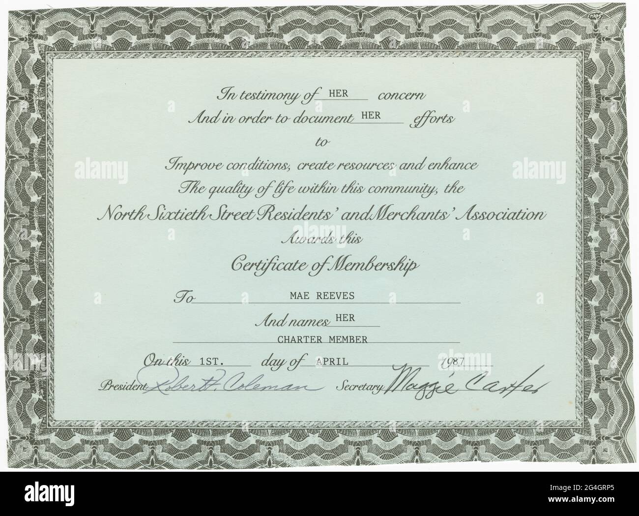 A certificate of membership for the North Sixtieth Street Residents' and Merchants' Association, dated April 1st, 1987. The certificate is black ink printed on light blue paper, with both preprinted text and typewritten text. It is signed by Robert H. Coleman, president, and Maggie Carter, secretary. The reverse is blank. Mae Reeves (1912-2016) was a pioneering African-American milliner who was famous for her custom-made hats. Her business, Mae's Millinery Shop in downtown Philadelphia, was one of the first shops in the city to be owned by a woman of African American heritage. Stock Photo