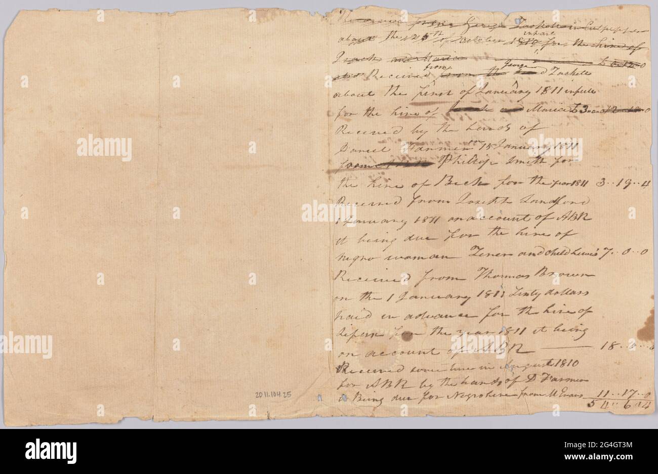 This document is from a collection of financial papers related to the plantation operations of several generations of the Rouzee Family in Essex County, Virginia. The papers date from the 1790s through 1860. This document is an accounting record for the years 1810 and 1811 with some of the entries pertaining to the hiring out of enslaved persons and the amount due the enslavers for the labor or services performed. The document is a single page folded vertically multiple times and handwritten in black ink. Stock Photo