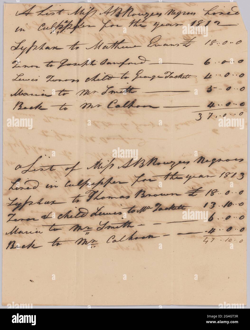 This document is from a collection of financial papers related to the plantation operations of several generations of the Rouzee Family in Essex County, Virginia. The papers date from the 1790s through 1860. This document contains lists of enslaved persons owned by A.B. Rouzee and hired out in Culpeper, Virginia. The list at the top documents the hires for 1812 and the list below it documents the hires for 1813. The lists consist of the name of the enslaved person, the name of the person who hired the enslaved person, and the amount owed A.B. Rouzee for the labor or services provided by the en Stock Photo