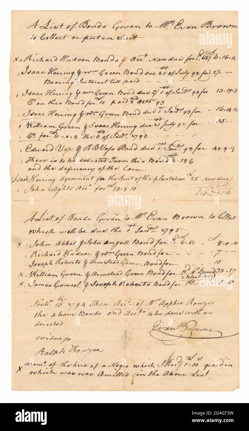 This document is titled at the top &quot;A List of Bonds Given to Mr. Evan Brown to Collect or put in Suit&quot; and consists of lists of names, dates, and monetary amounts owed for the hire of enslaved persons. The document is divided into three separate lists and is signed by Evan Brown and witnessed by Ralph Rouzee on both the front and the back. A single page document of black ink on paper. Two lists are written on the front and one on the back. This document is from a collection of financial papers related to the plantation operations of several generations of the Rouzee Family in Essex C Stock Photo