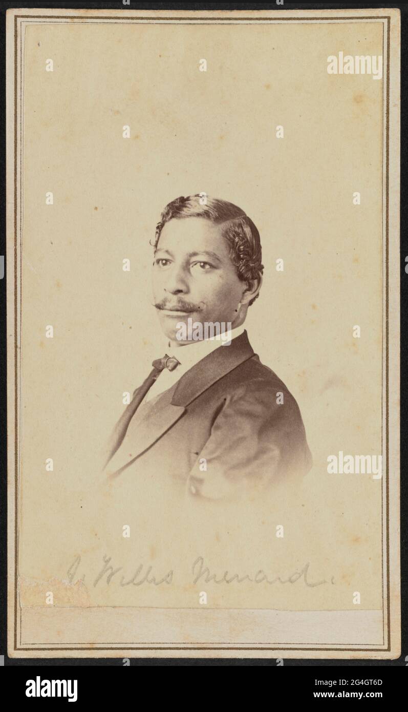 Carte-de-visite of John W. Menard, the first black man ever elected to the United States House of Representatives. Menard's body is turned nearly in profile with his left side foremost, but his head is turned only one quarter and he looks slightly off frame. His hair is parted at his left side and smooth down on the top, but curly on the sides. He has a mustache. Menard wears a dark colored jacket, white shirt, and dark bowtie. The bottom portion of the image is purposefully faded in the popular style of the time. There is a double-lined border printed in gold ink surrounding the outside edges Stock Photo