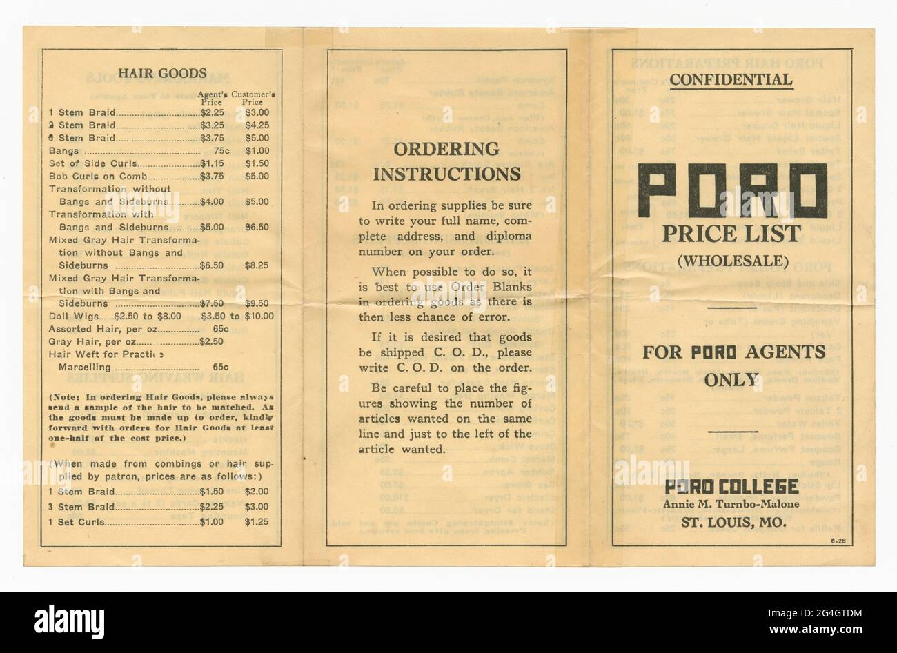 Poro College, a cosmetology school and centre, was established in 1918 by Annie Turnbo Malone, an African-American businesswoman, inventor and philanthropist. This is a confidential Poro Price List pamphlet for Poro dealers. The pamphlet is black type on cream colored paper, folded in thirds. The front cover has the text contained within a rectangle over the whole of the front. At the top is underlined text that reads &quot;CONFIDENTIAL.&quot; In the upper third is the title of the pamphlet &quot;PORO/ PRICE LIST/ (WHOLESALE).&quot; In the lower half are two lines of text contained within two Stock Photo