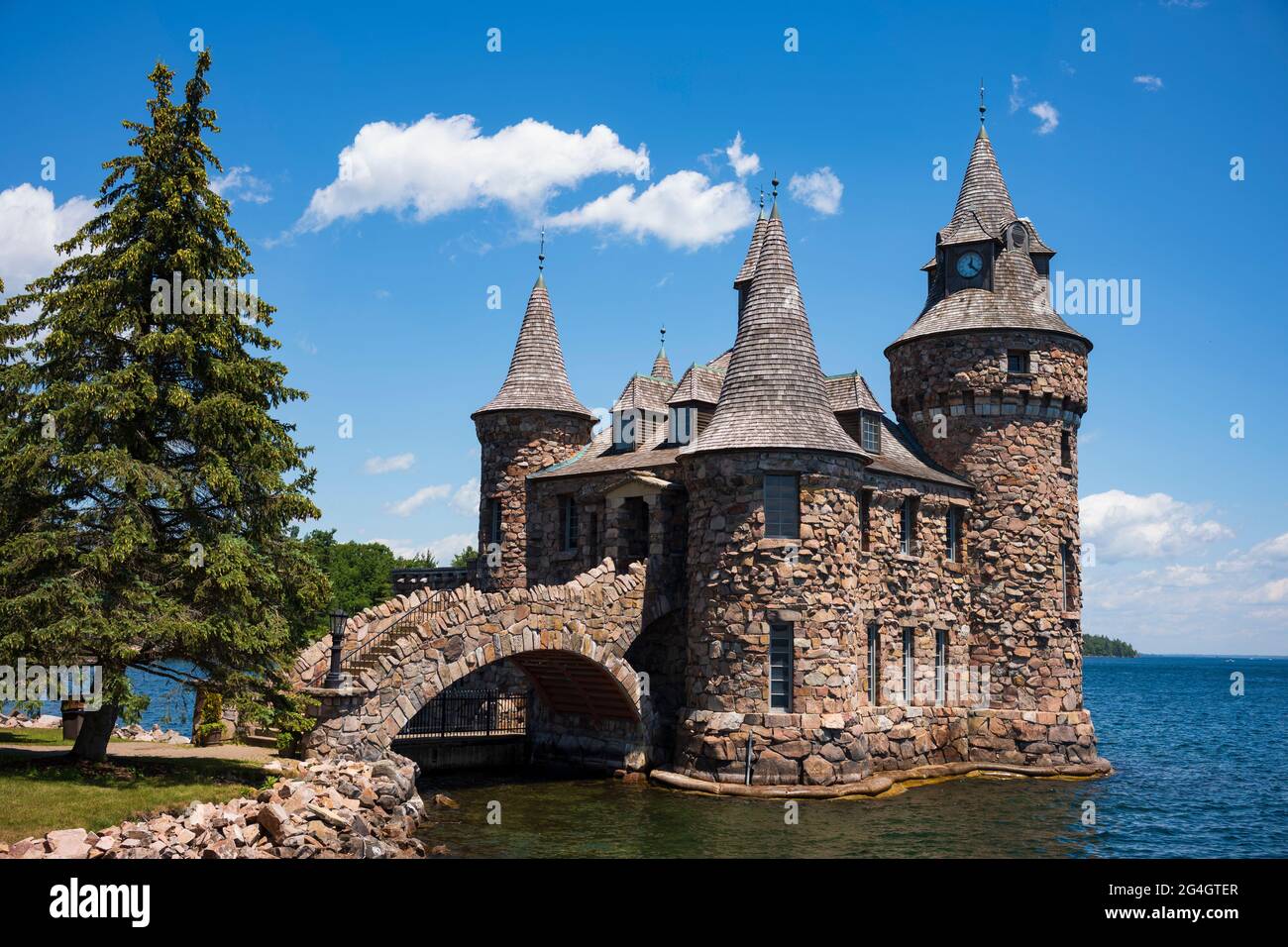 The power house of Boldt Castle, a major landmark and tourist attraction, is located in the Thousand Islands region of New York on Heart Island in the Stock Photo