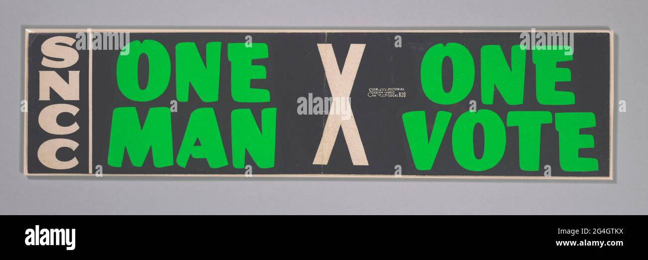 A blue bumper sticker with green and white print. Vertical text down the left side reads: [SNCC]. Text moving from left to right along the sticker reads: [ONE MAN x ONE VOTE]. In the United States, the &quot;one person, one vote&quot; principle was invoked in a series of cases by the Warren Court in the 1960s, during the height of related civil rights activities. Stock Photo
