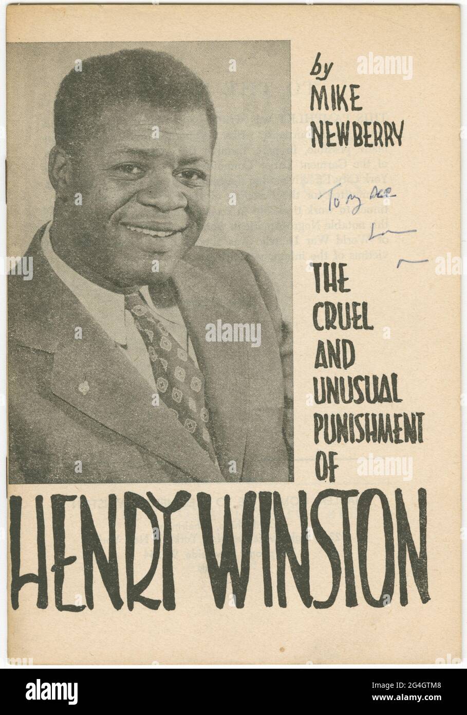 Pamphlet consisting of black print on yellowed paper. At the top and center left is a black-and-white photograph of Henry Winston. The interior consists of twenty-three pages. The back of the pamphlet has an appeal for the reader to get involved in political action. Winston was left permanently blind as a result of being denied medical treatment by the US Government while he was imprisoned for his communist beliefs. Stock Photo