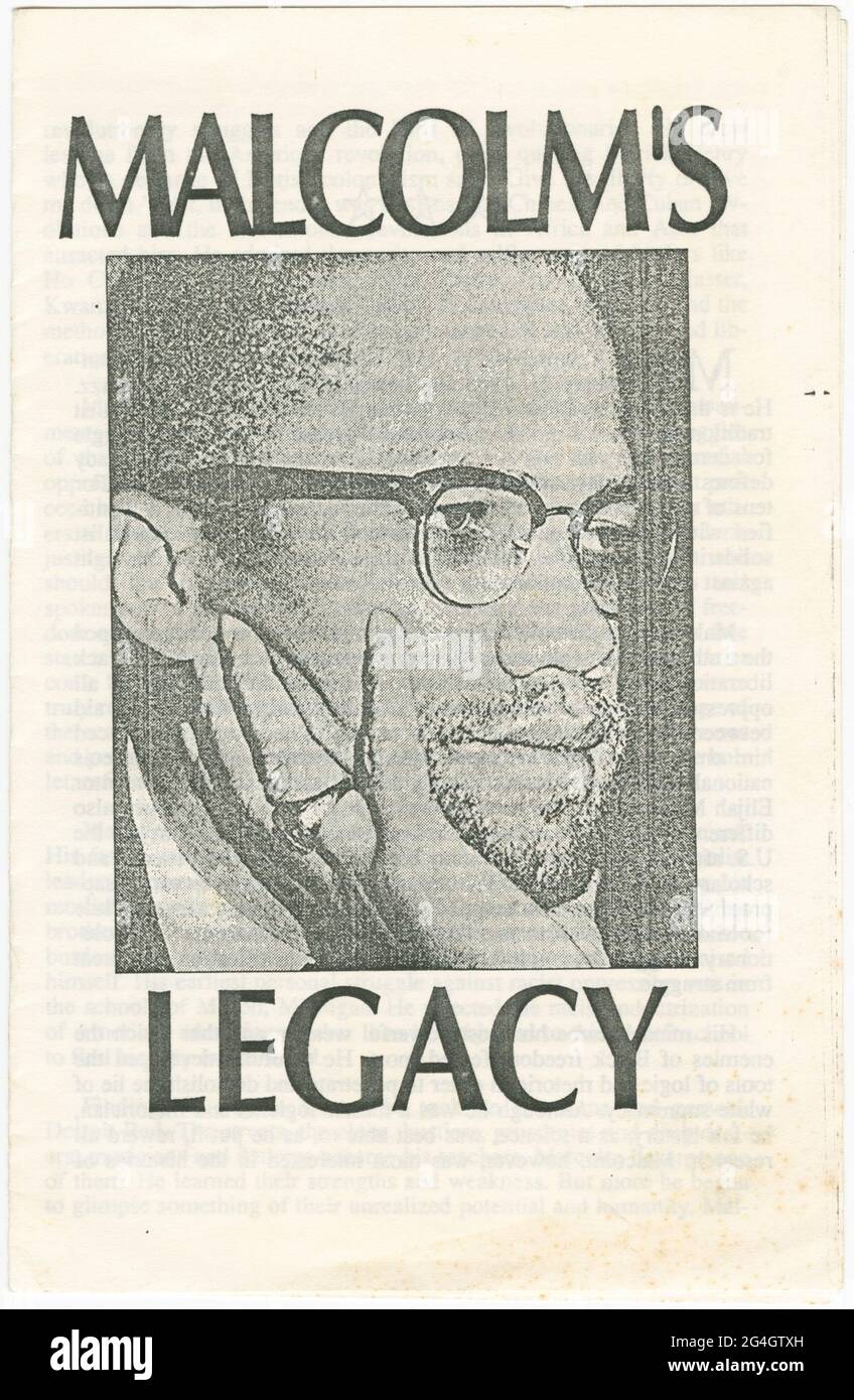 A pamphlet about Malcolm X (1925-1965), African-American Muslim minister and human rights activist during the civil rights movement. He was assassinated while preparing to speak at the Audubon Ballroom in Manhattan. The interior consists of five pages of text. The inside back cover has a tear away section with a form that could be filled out to join the Young Communist League. The back of the pamphlet is blank. Stock Photo