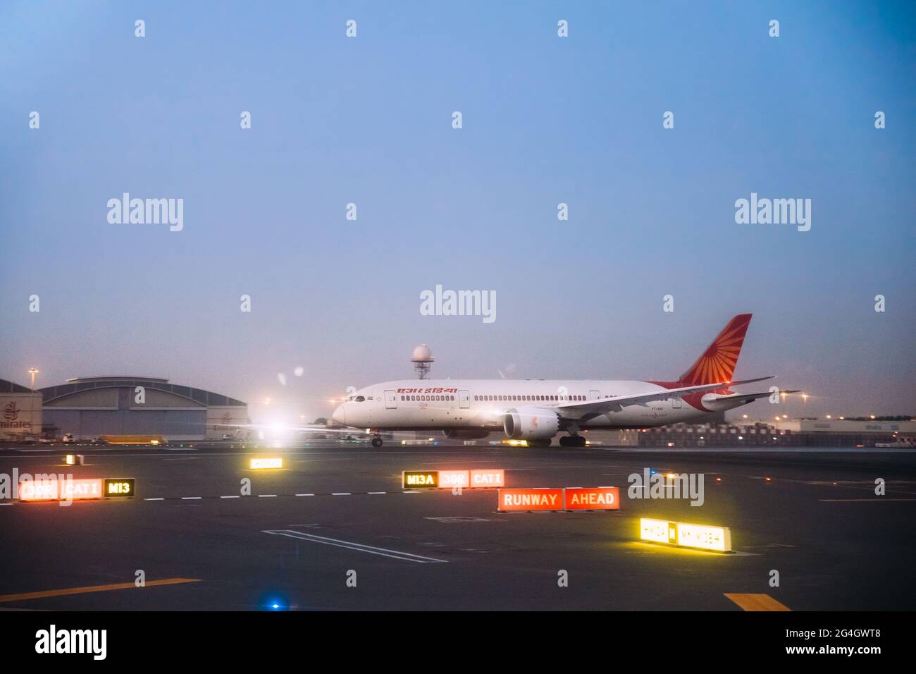 Airline Air India Plane Stand At Dubai Airport. Dubai, United Arab Emirates Stock Photo