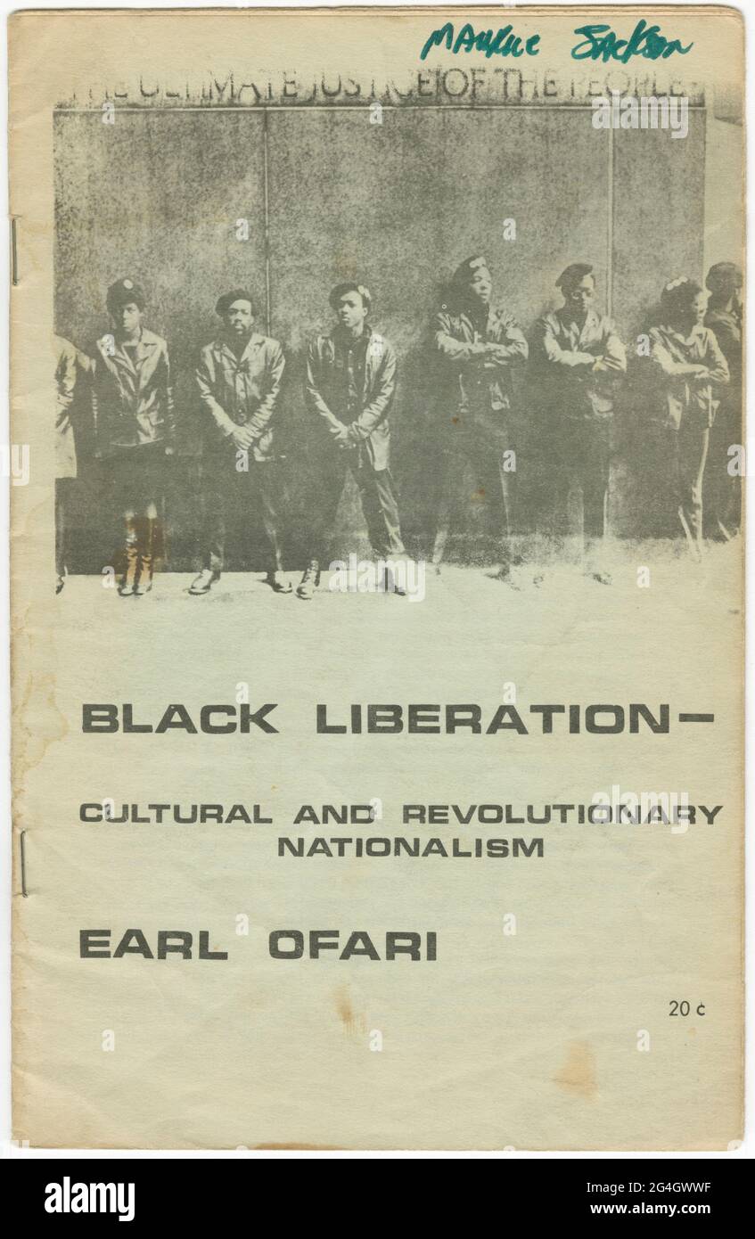 A pamphlet about the Black Panther Party. The font cover features black print on discolored paper. At top, there is a black and white photograph of members of the Black Panther Party standing in a line. The interior consists of fourteen pages of text. Stock Photo