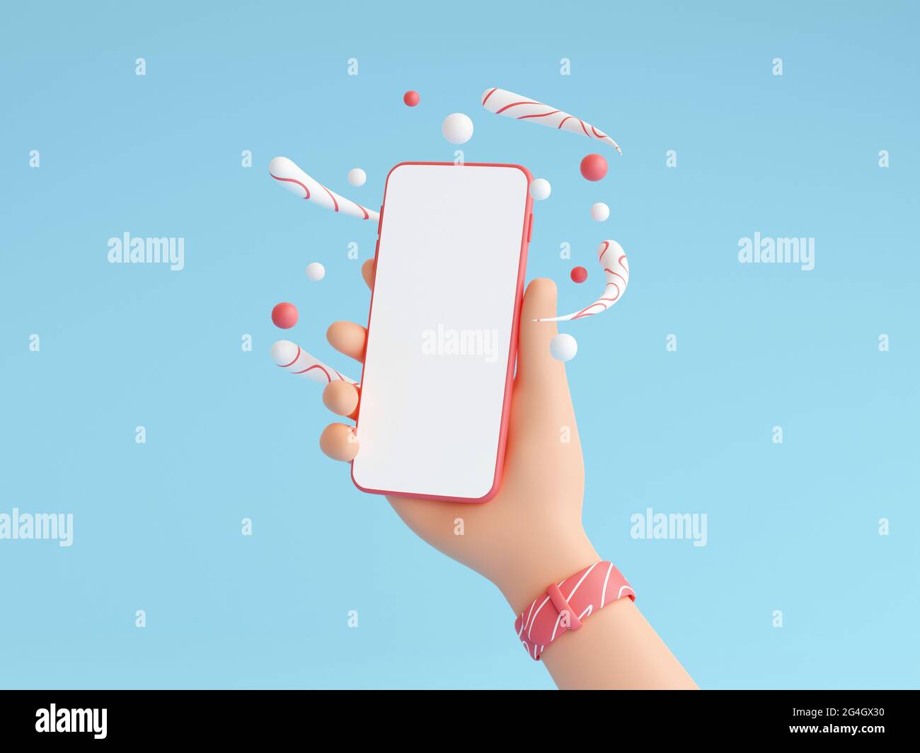 Human hand holding mobile phone with white empty screen 3d render ...