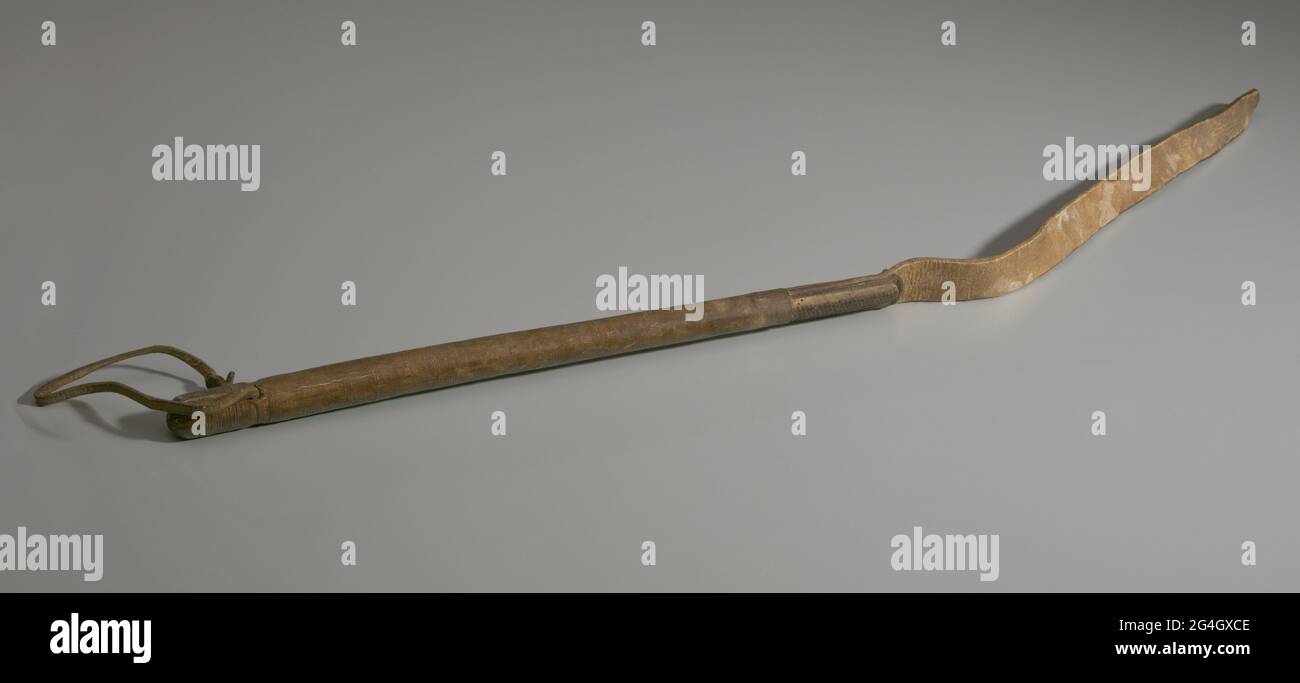 Wooden handle with hide lash and hide loop through opposite end for hanging storage. British politician Charles James Fox (1749-1806) oversaw a Foreign Slave Trade Bill that prohibited British subjects from contributing to the trading of slaves with the colonies of Britain's wartime enemies, thus eliminating two-thirds of the slave trade passing through British ports. Stock Photo