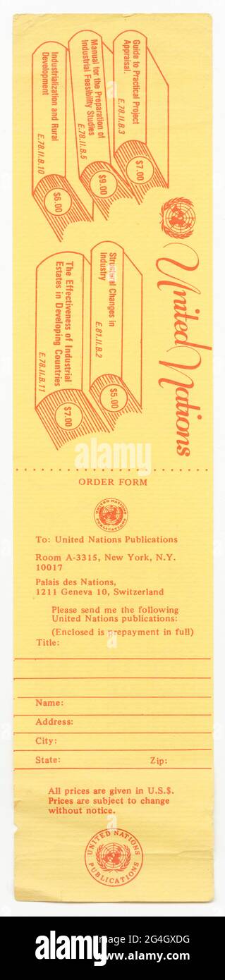 Two order forms for United Nations Publications texts that double as bookmarks. The forms are red ink on yellow paper. The depictions of books represent texts from the United Nations Industrial Development Organization (UNIDO). The back of the bookmark has tear away order form. Stock Photo