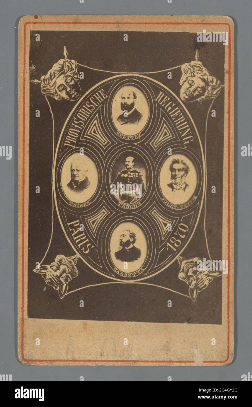 Composition of five portraits of members of the provisional French government. Composition of five portraits of members of the provisional French Government: 'Government de la Défense national', also known as 'Government Provisio de 1870', formed on September 4, 1870 after the fall of Emperor Napoléon III. Louis-Jules Trochu, Adolphe Thiers, Léon Gambetta, Émile de Kératry and Jules Favre ('Provisorische Regierung Paris 1870') Stock Photo
