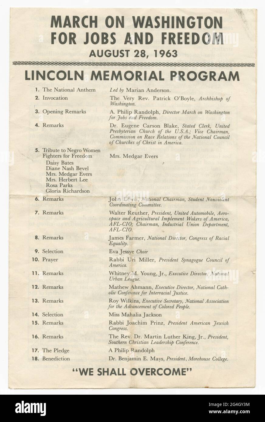 The purpose of the 1963 March on Washington for Jobs and Freedom  was to advocate for the civil and economic rights of African Americans. Program from the March on Washington for Jobs and Freedom at the Lincoln Memorial. The program is a single page folded in half to create a booklet. The top of the front page has the march title and date in large black letters underlined by a black decorative border. Under the essay are the names and affiliations of the movement leaders and supporters. On the right hand page is a formal list of demands of the movement. Among those taking part are Martin Luthe Stock Photo