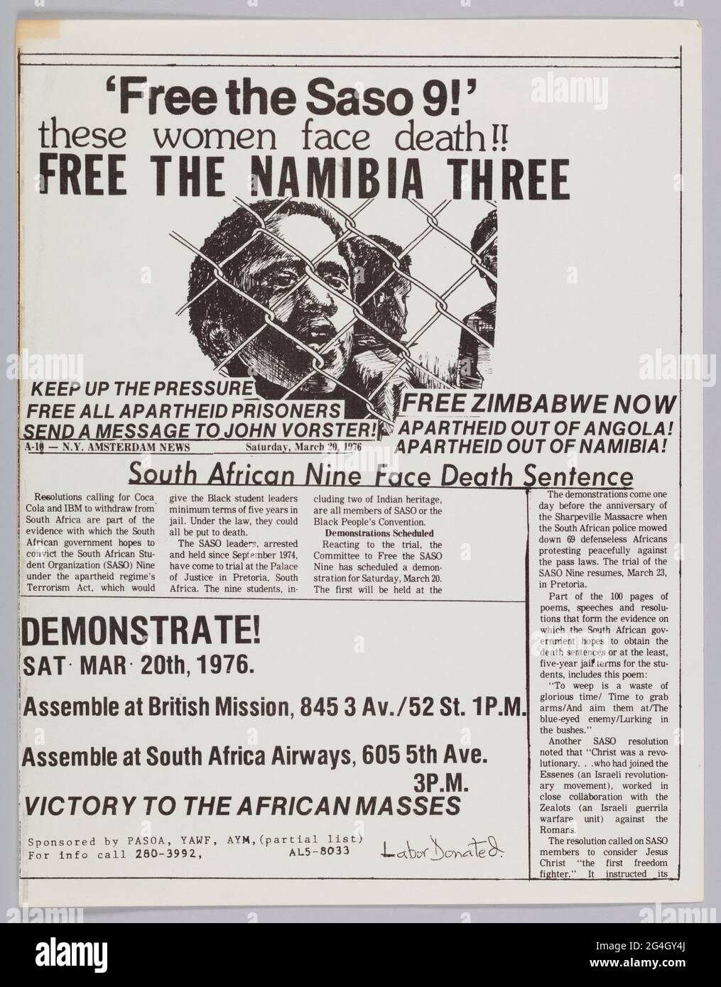 This flyer announces a demonstration in support of freeing the Saso 9 and the Namibia 3. The title reads: ['Free the Saso 9' / these women face death!! / FREE THE NAMIBIA THREE]. Below the title is an illustration of the Namibia Three. Information regarding the protest is at the bottom left corner of the flyer and reads: [DEMONSTRATE! / SAT MAR 20th, 1976. / Assemble at British Mission, 845 3 Av./ 52 St. 1P.M. / Assemble at South Africa Airways, 65 5th Ave. / 3 P.M. / VICTORY TO THE AFRICAN MASSES / Sponsored by PASOA, YAWF, AYM, (partial list)]. The back of the flyer is blank. The South Afric Stock Photo