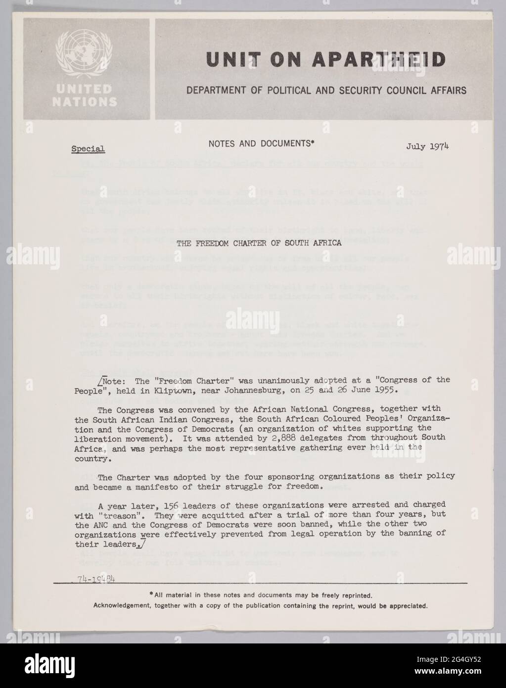 This special note from the United Nations' Unit on Apartheid details the Freedom Charter of South Africa. The booklet is four pages long. The title page features the United Nations logo in the top left corner inside of a grey header that extends the width of the page. The title is also printed inside this header and reads: [UNIT ON APARTHEID / DEPARTMENT OF POLITICAL AND SECURITY COUNCIL AFFAIRS]. Typed text fills the rest of the page. The back of each page is blank. Apartheid, a system of institutionalised racial segregation, existed in South Africa and South West Africa (now Namibia) from 19 Stock Photo