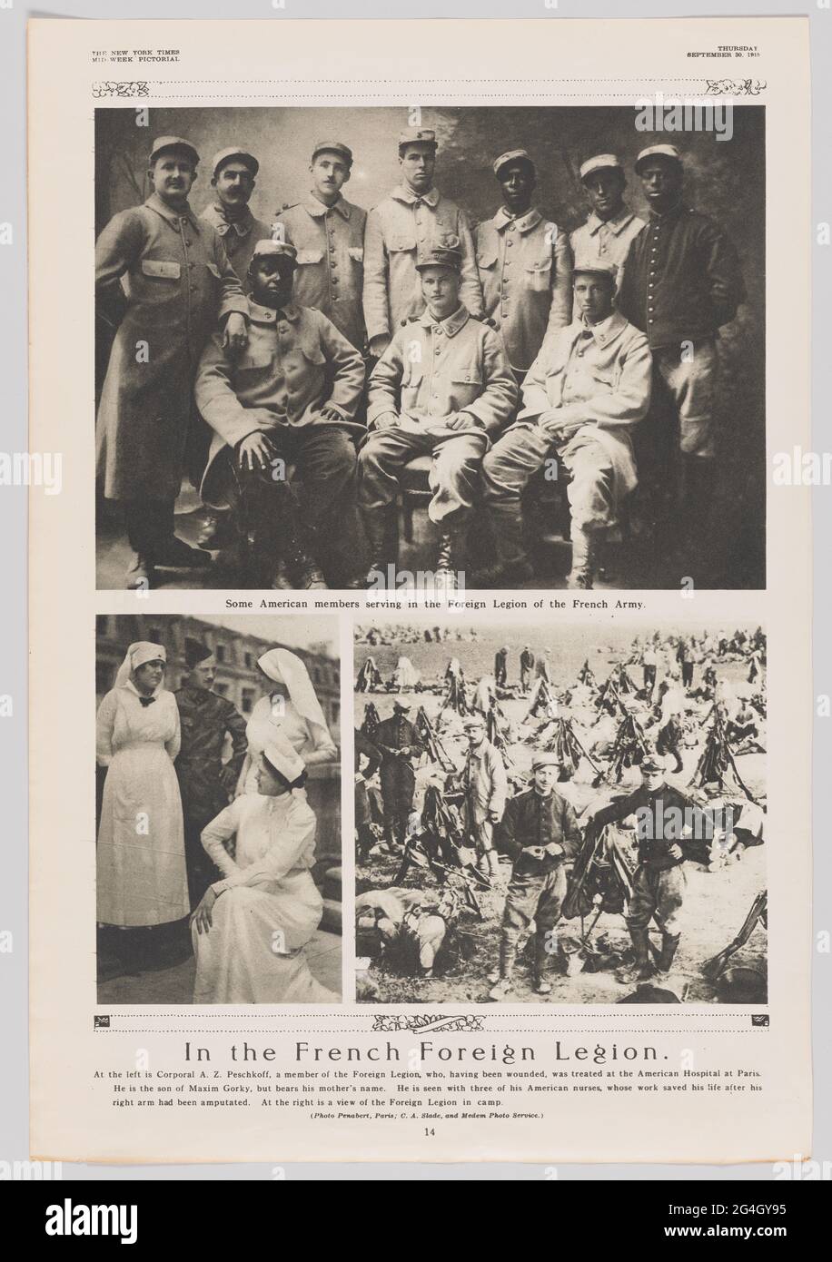 The New York Times Mid-Week Pictorial from Thursday, September 30, 1915 is a torn out page from the magazine. The page features three photographs. Top: [Some American members serving in the Foreign Legion of the French Army], a group of both black and white military men, seven standing and three seated, in their Legion uniforms. The image on the bottom left is of a soldier, Corporal A.Z. Peschkoff, and three American women nurses. The third image, on the bottom right, is of men in the Foreign Legion standing by their tents and fire pits in camp. The bottom of the page has the name of the artic Stock Photo