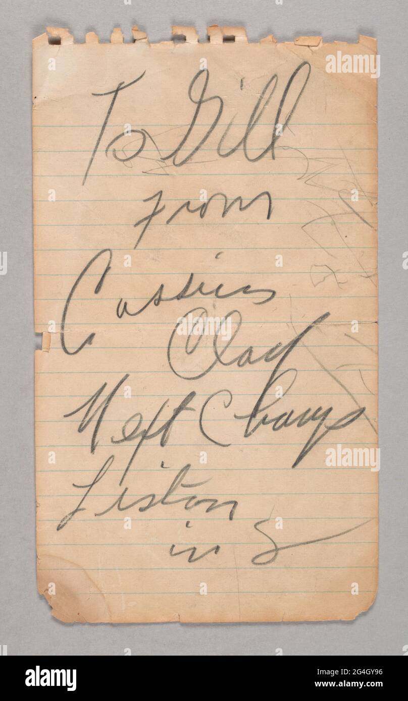 This note was written in the summer of 1963, months before the World Heavyweight Championship fight between African-American boxers Clay (later Muhammad Ali) and Sonny Liston in February 1964. The Sports Illustrated reporter Frank Deford was on the train with Clay, headed back to New York, when he asked for an autograph for his younger brother Gill. Clay wrote the note on a piece of paper from Deford&#x2019;s reporter&#x2019;s notepad. Though the fight with Liston was months away, Deford noted that &#x201c;[Clay] had recently begun to predict victory for himself.&#x201d; He added that &#x201c; Stock Photo