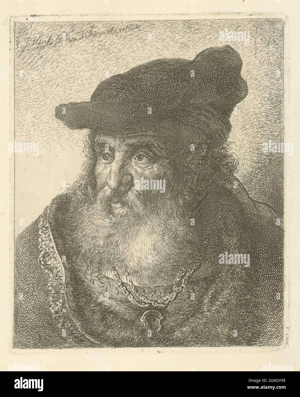 . Portrait of an old man with beard and a beret on the head. His cloak ...