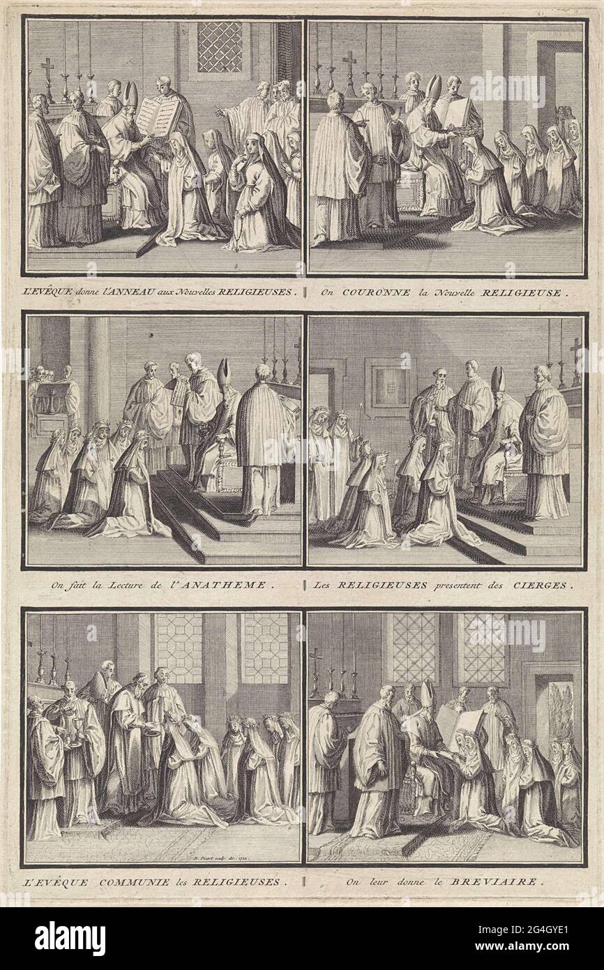 Sheet with six performances of dedicating monastic sisters. Top left: the  bishop gives rings to new initiate nuns. At the top right: the bishop  crowns only sacred nuns. At the bottom