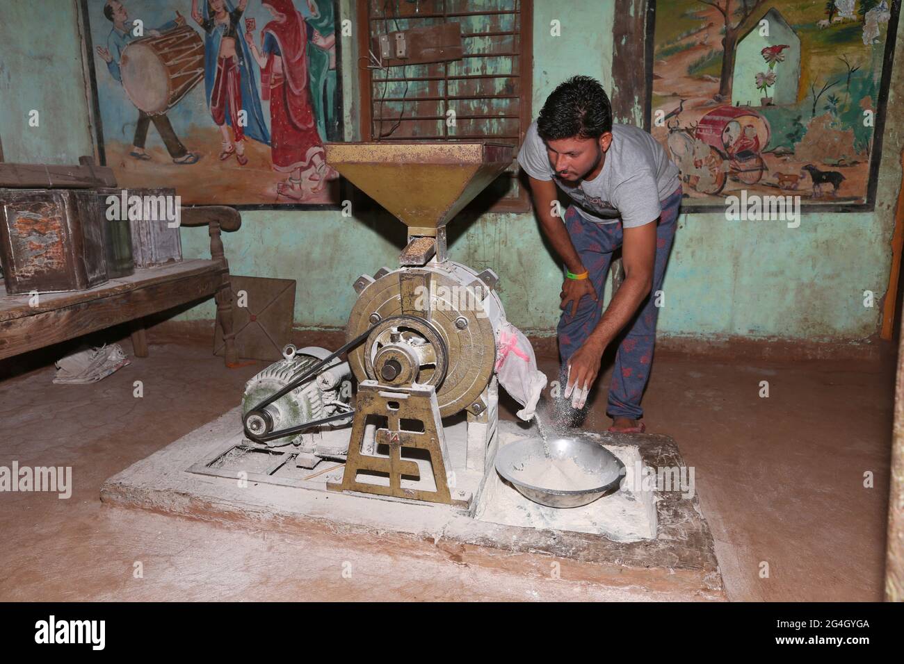 DHANKA TADVI TRIBE. Man grinding wheat into flour in local mill or Atta Chaki - Mogarapani Village - Akkalkuwa tehsil - Nandurbar Dist - Maharashtra, Stock Photo