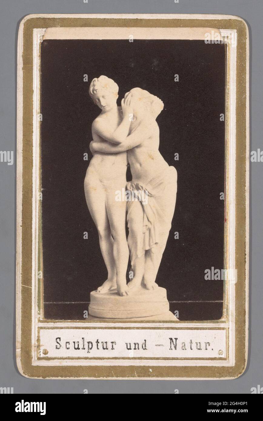 Copy of the Amor sculpture and psyche by Bertel Thorvaldsen. Behind the photo a representation of a man and a half-explicit woman in the same attitude. Stock Photo