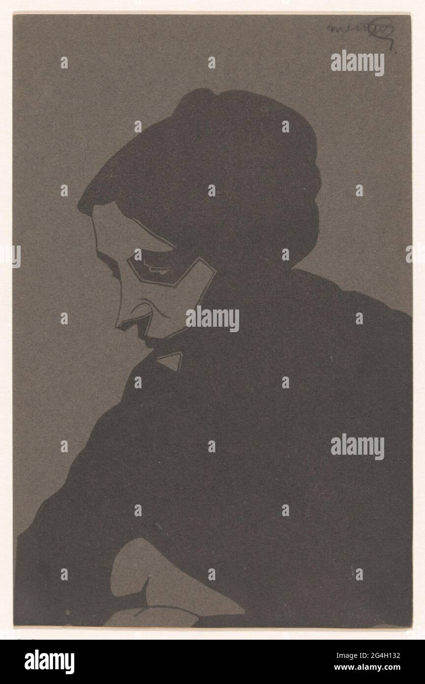 Woman in three-quarter view to the left, with drop shadow. Woman