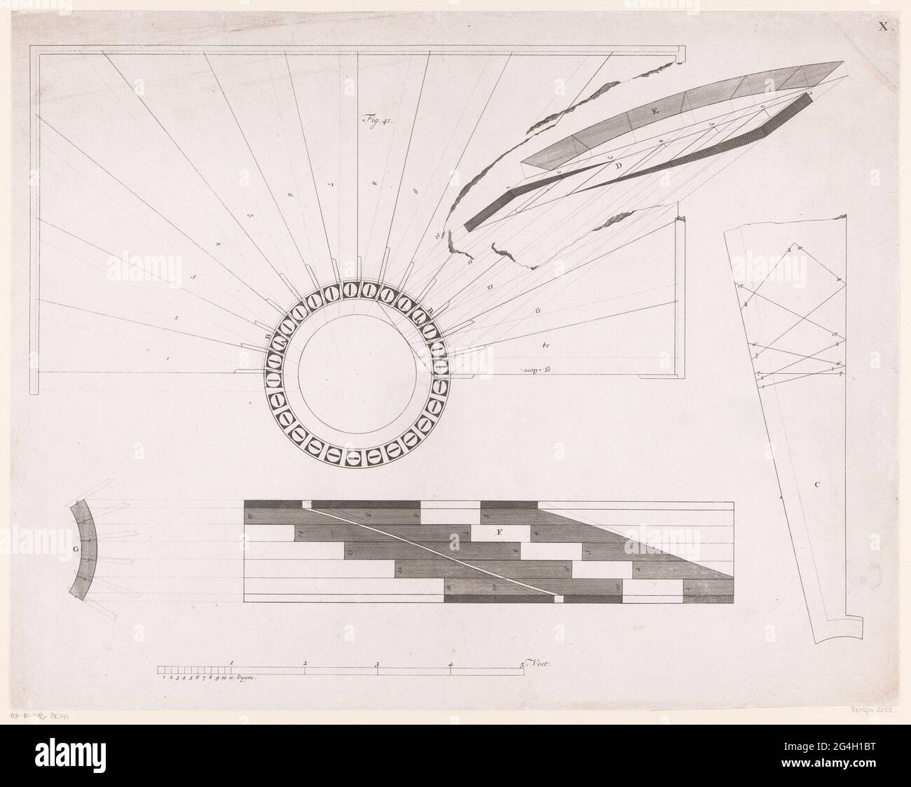 Technical drawings of stairs; Theatrum Machinarum Universal; Or new generally engineering (...). Technical drawings of a spindle staircase (number 41). Top and side views. Stock Photo