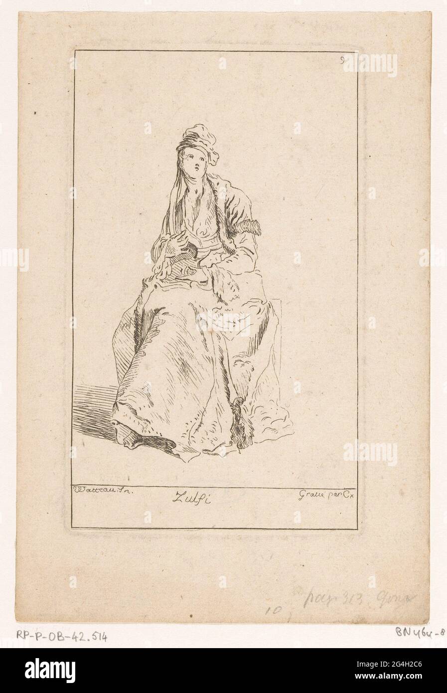 Sitting and looking up woman in a cloak with bontrand; ZULFI; Suite the  figures Inventées PAR WATTEAU. Numbered at the top right: 9 Stock Photo -  Alamy