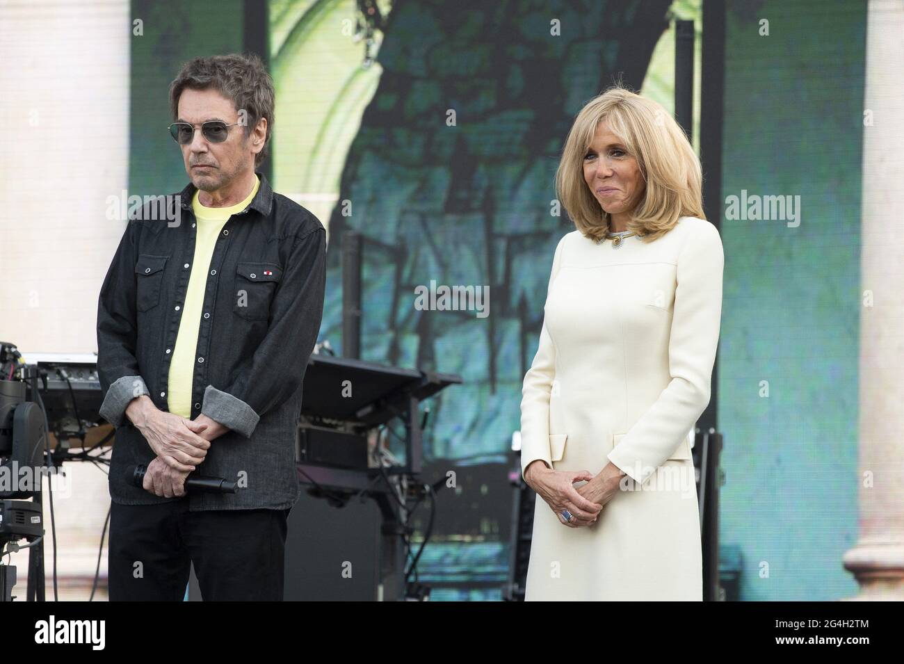 French President Emmanuel Macron and his wife Brigitte Macron and Jean  Michel Jarre at Elysee Palace