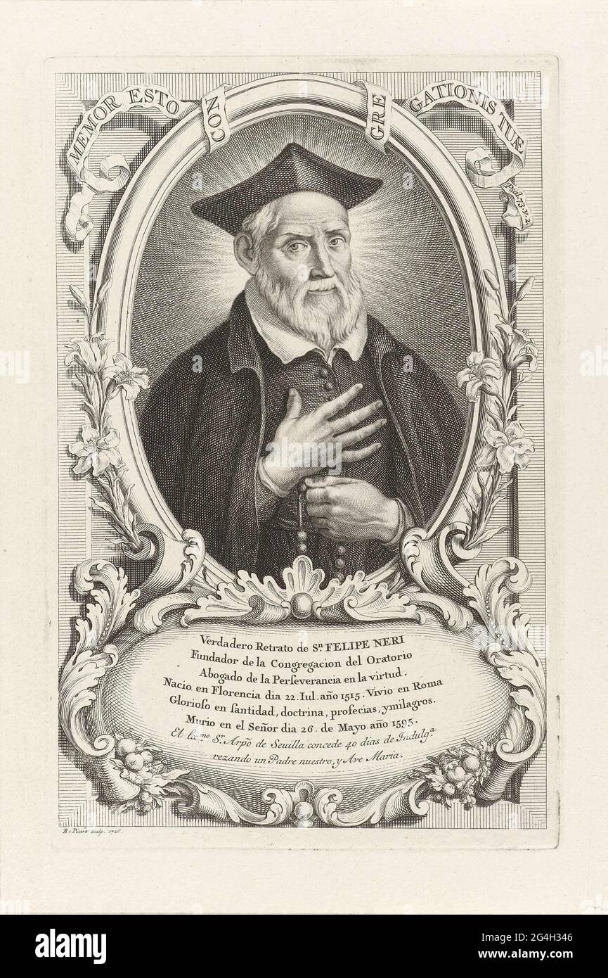 Portrait Of The H. Filippo Neri. He Prays The Rosary. His Portrait Is  Caught In An Oval Frame That Is Decorated With Flowers And Is Awarded By A  Banderole On Which