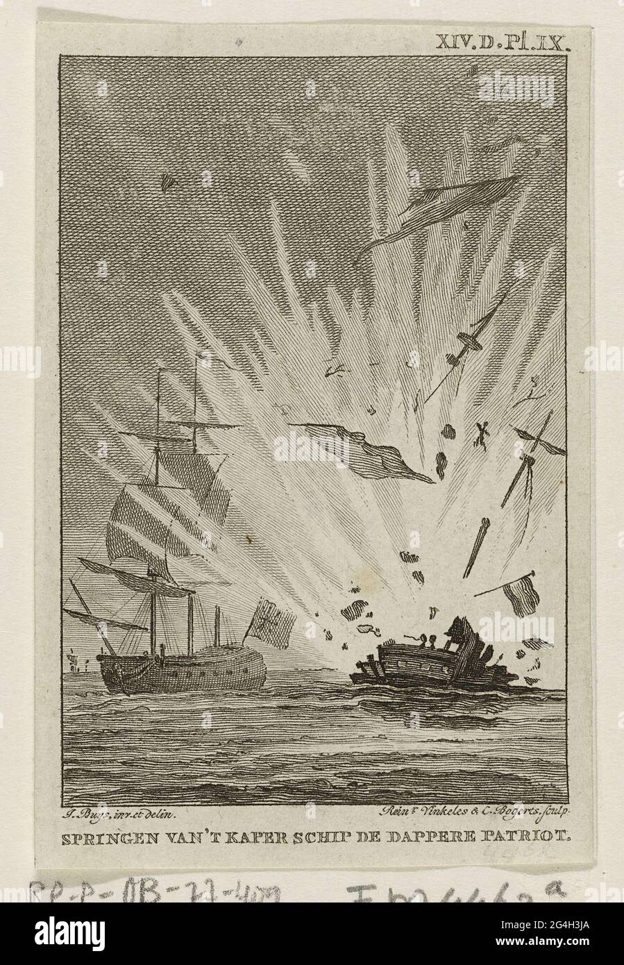 . In the air of the Haagse Harder the 'brave patriot' in a fight with the English ship the 'Camelon', on August 14, 1781. Signature at the top right: XIV.d.pl.ix. Stock Photo