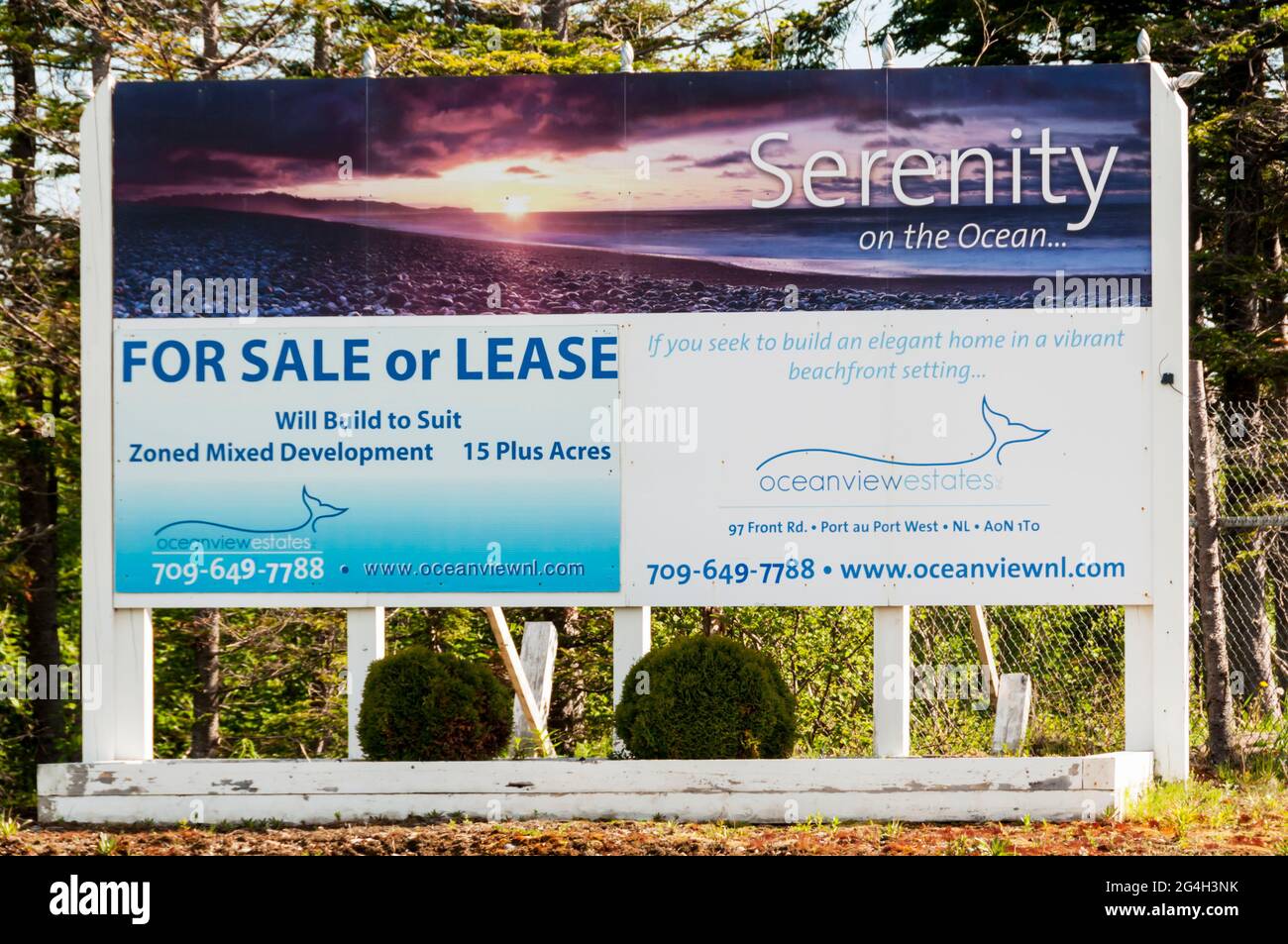 Sign for beachfront development land for sale in Port au Port West, Newfoundland, Canada. Stock Photo