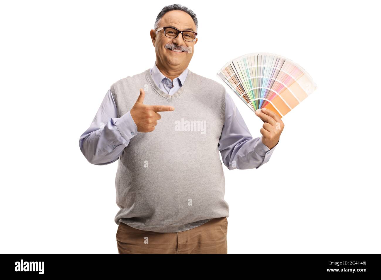 Smiling mature man holding a color palette isolated on white background Stock Photo