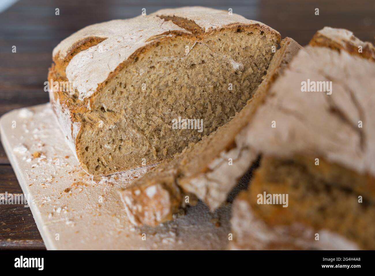 close-up of homemade cut rye bread with traditional natural sourdough Stock Photo